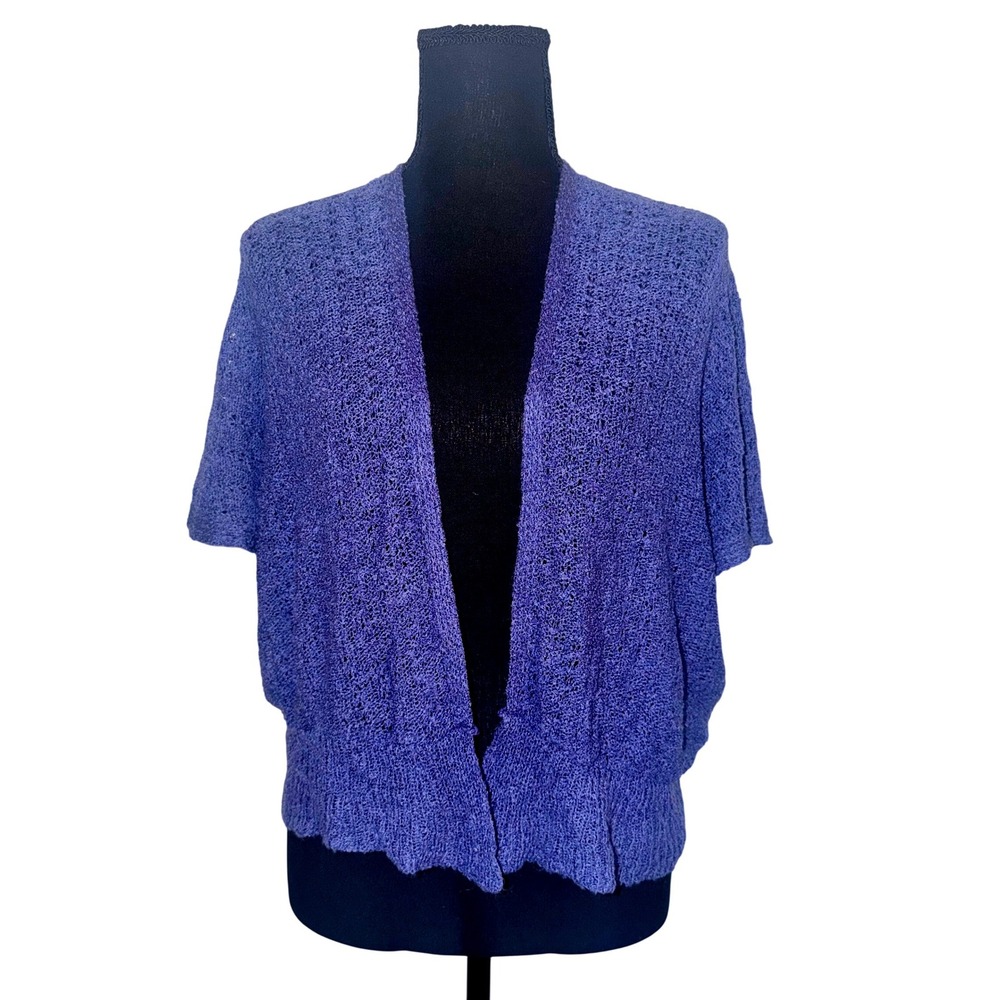 Vintage 90s Grandmacore Medium Purple Short Sleeve Pointelle Open Knit Shrug‎